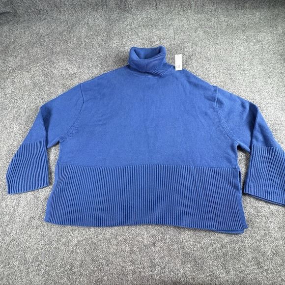 GAP Pullover Sweater Women L Blue Oversized Turtleneck Cozy Chunky Knit Preppy - Picture 1 of 14